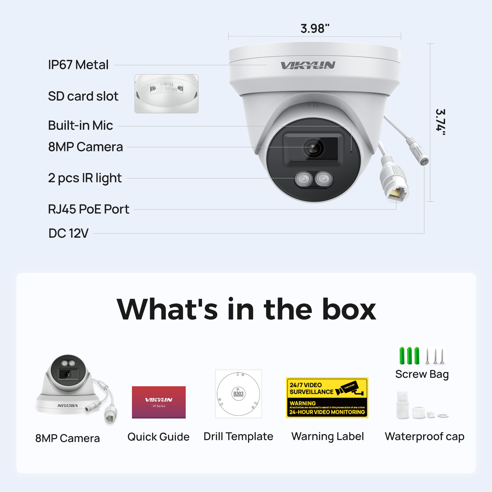 Outdoor Lighting No Electricity - Caméra de sécurité IP VIKYLIN 8MP